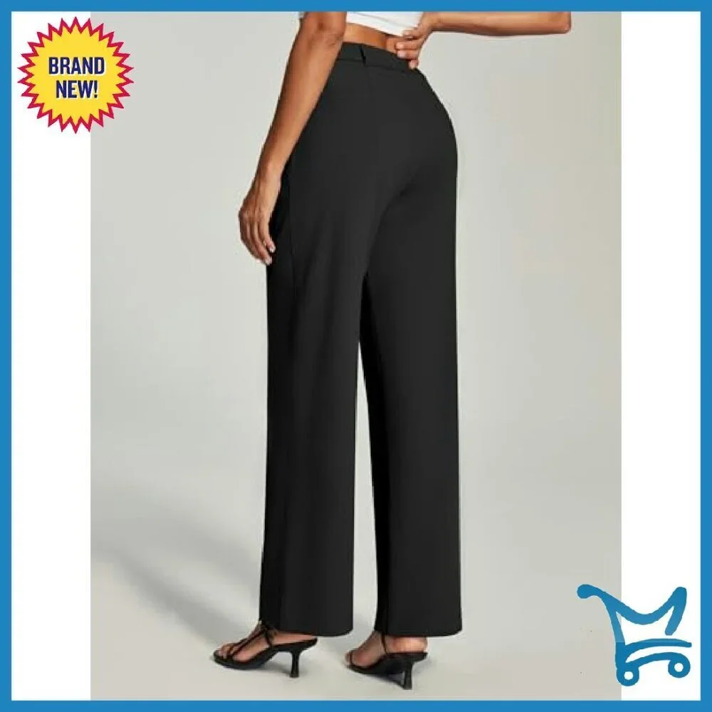 Wide Leg Stretch Work Pants High Waist Pull On Business Trousers